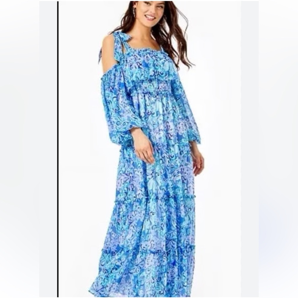 LILLY PULITZER Blue Floral Leena Maxi Dress Size Small